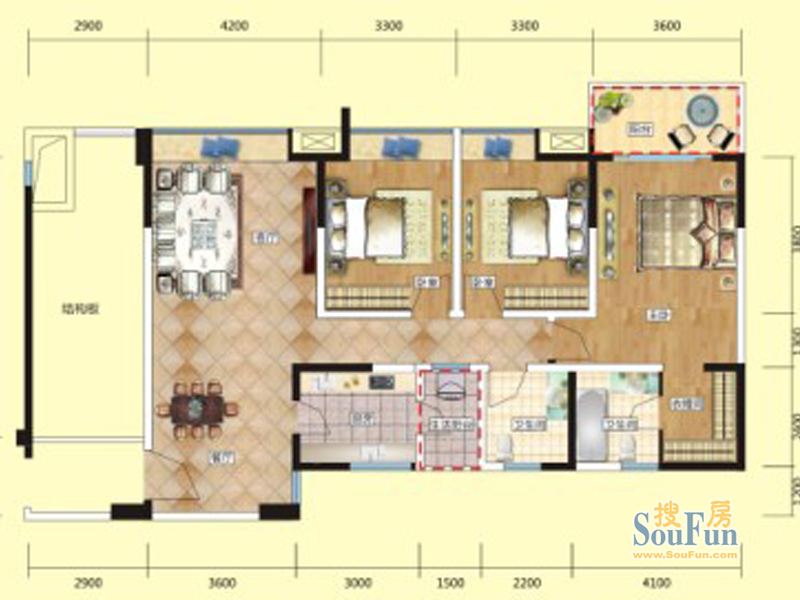 香山半岛一期5栋标准层A1户型 3室2厅2卫1厨 140.05㎡
