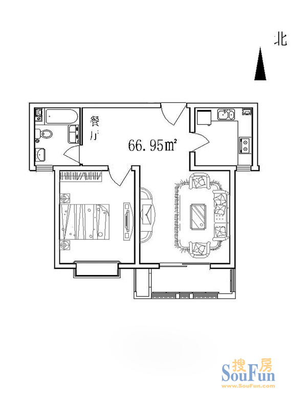 和骏新家园洋房标准层66平米户型 1室2厅1卫1厨 66.95㎡