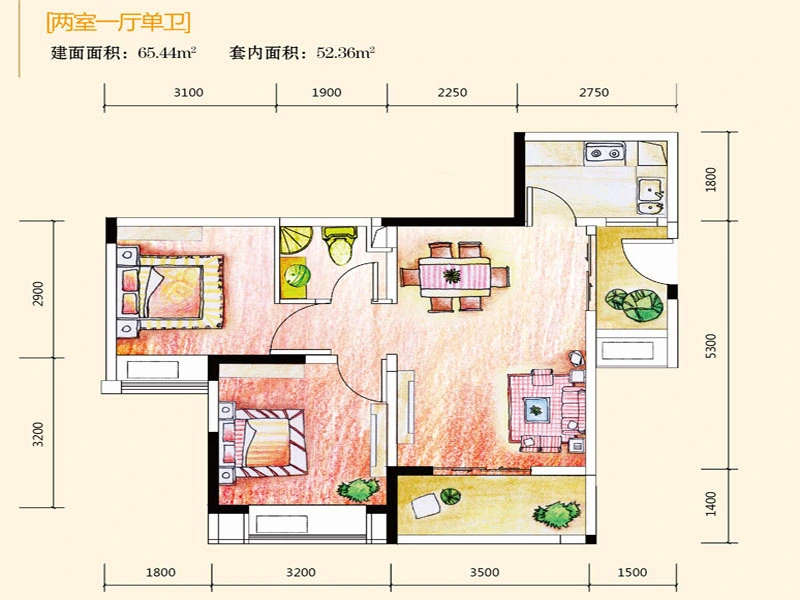 永缘城市交响一期4号楼标准层65.44平户型 2室1厅1卫0厨 65.44㎡