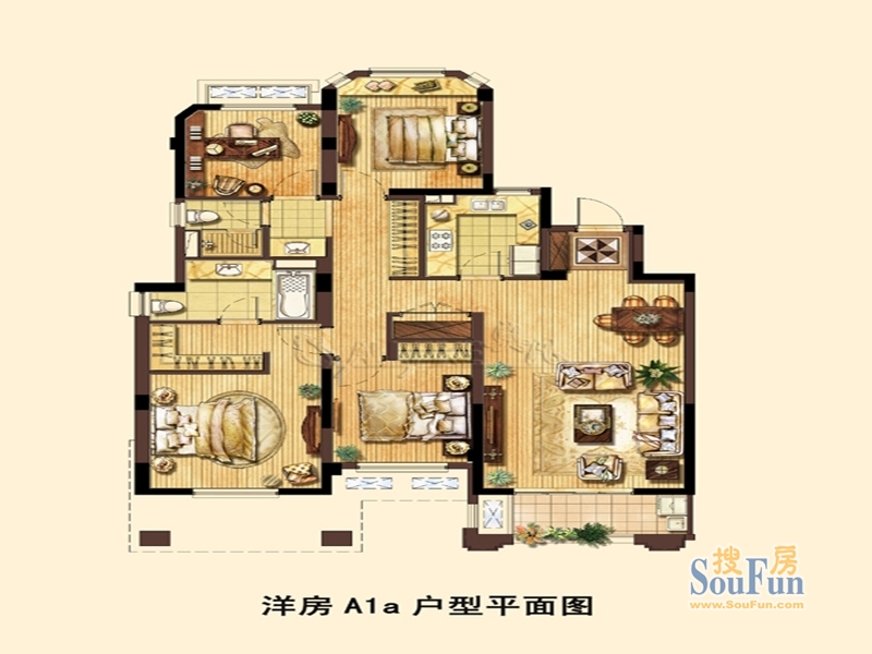 金地松江艺境洋房A1户型一层平面图 4室2厅2卫1厨 144.00㎡