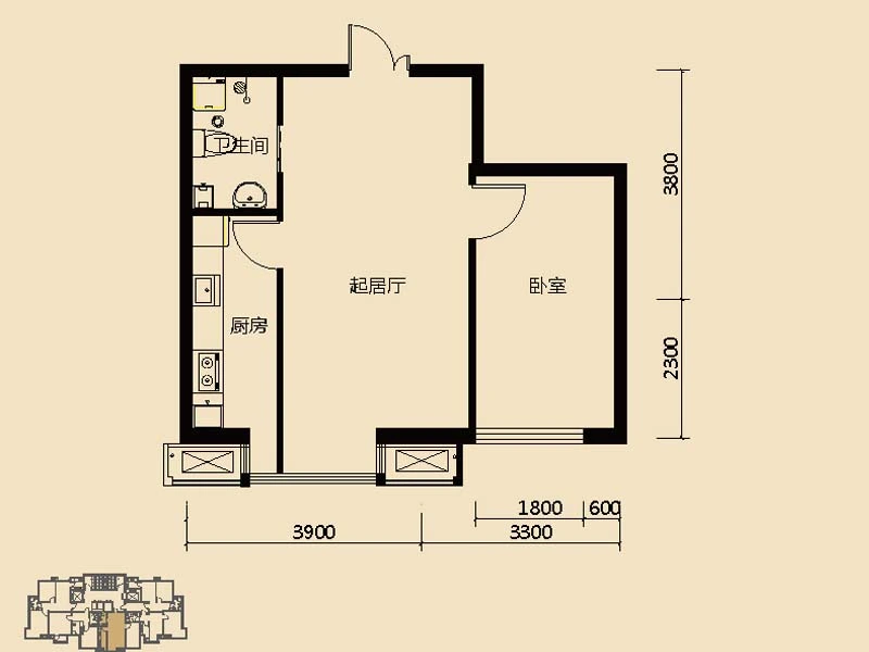 状元城一期小高标准层C户型 1室1厅1卫1厨 55.93㎡