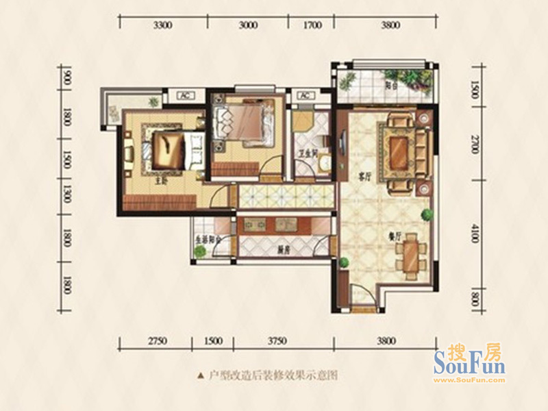 辰兴锦城国际一期1栋、2栋标准层A1-1户型 2室2厅1卫1厨 83.74㎡
