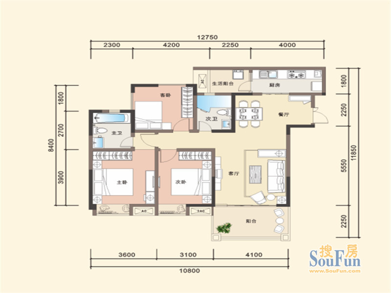 新双城一期1、2、3、5、7栋标准层A1-1 户型 3室2厅2卫1厨 110.00㎡