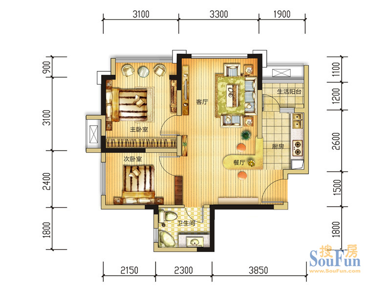 长虹和悦府一期4号楼标准层A1户型图（ ） 2室2厅1卫1厨 59.00㎡