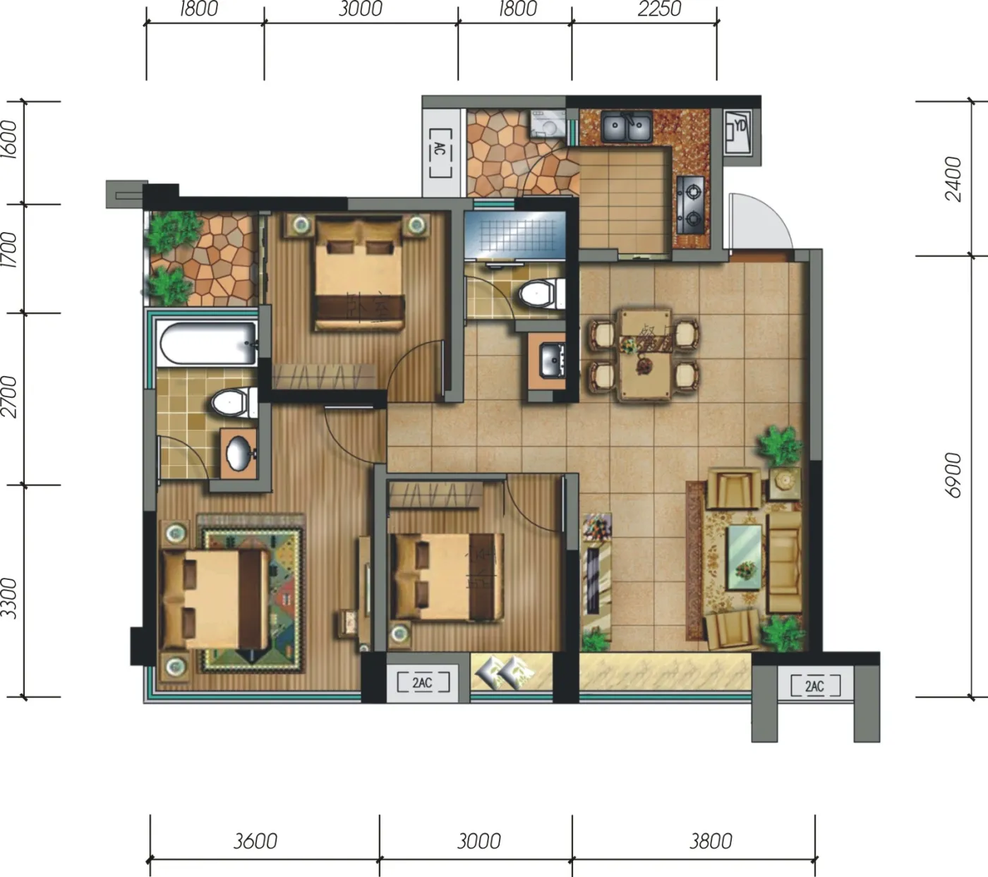 永立龙邸一期1号楼标准层B1户型图&nbsp;3室2厅2卫1厨 97.00㎡