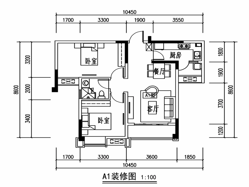 南城锦地一期1-3号楼标准层A1户型图 2室2厅1卫1厨 78.89㎡