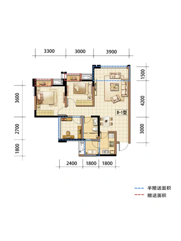 天悦国际一期5号楼B1户型标准层&nbsp;3室2厅1卫1厨 85.00㎡