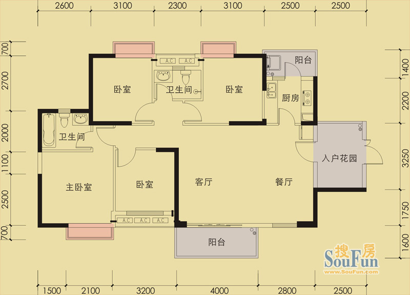 山水一品6栋a1户型4室2厅2卫1厨 133.00㎡