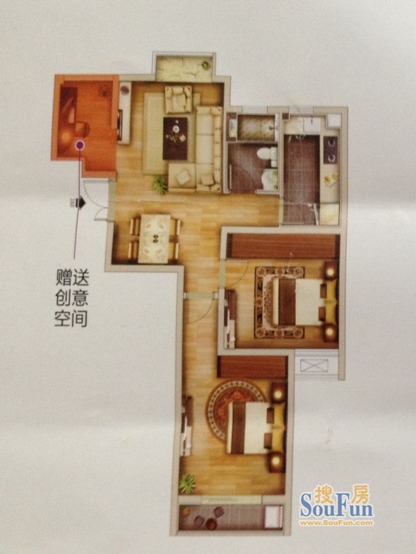 百利广场一期3、4号楼标准层3D1户型 3室2厅1卫1厨 87.82㎡