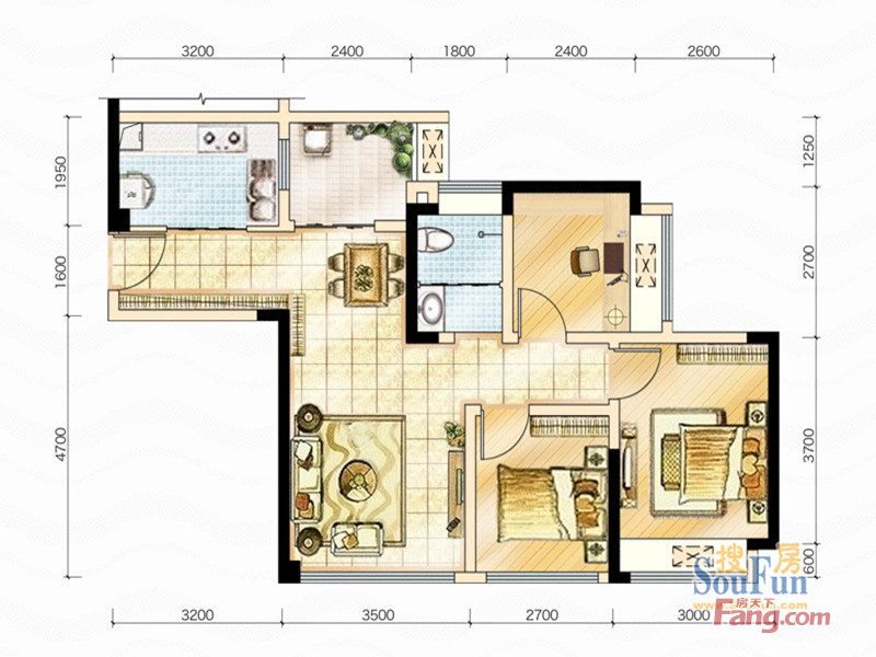 蓝光东方天地一期2栋标准层A6型（售完） 3室2厅1卫1厨 74.00㎡