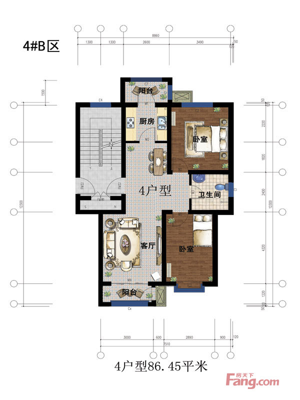 蕴海家园一期高层4号楼标准层4户型 2室2厅1卫1厨 86.45㎡