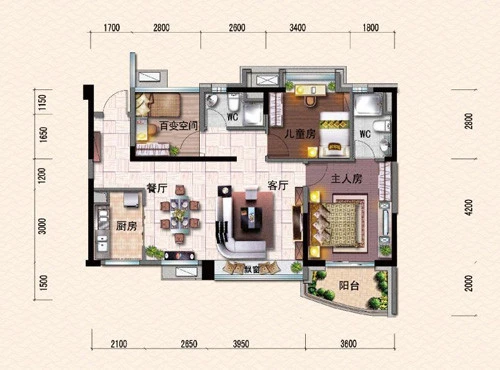 顺德碧桂园泮浦湾3室2厅户型图 3室2厅2卫1厨 0.00㎡