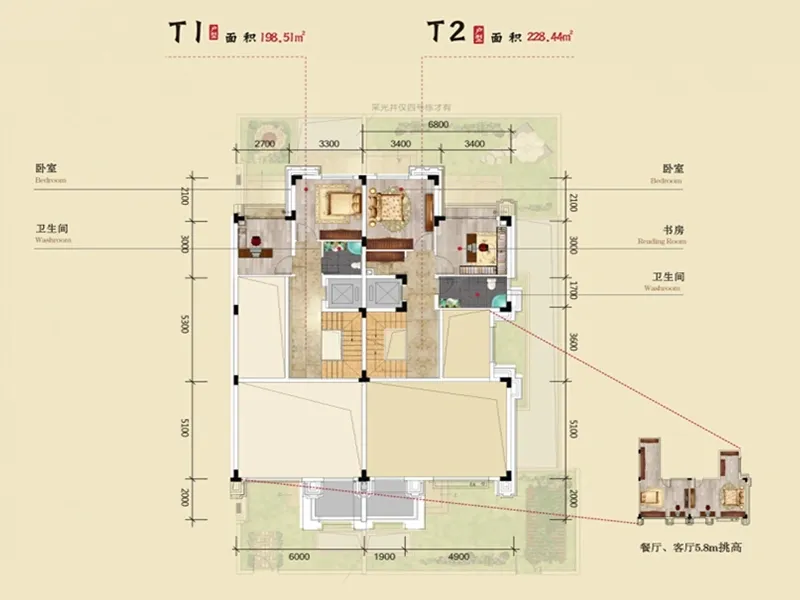 北大资源时光T1T2联排二层户型&nbsp;4室2厅2卫1厨 426.95㎡