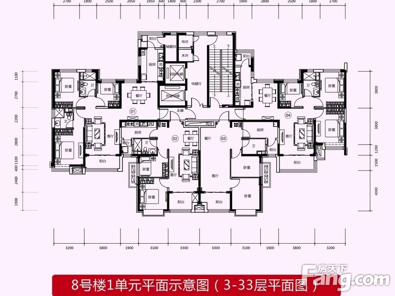恒大都市广场三期8号楼1单元（3-33）楼层平面图 2室2厅1卫1厨 84.38㎡