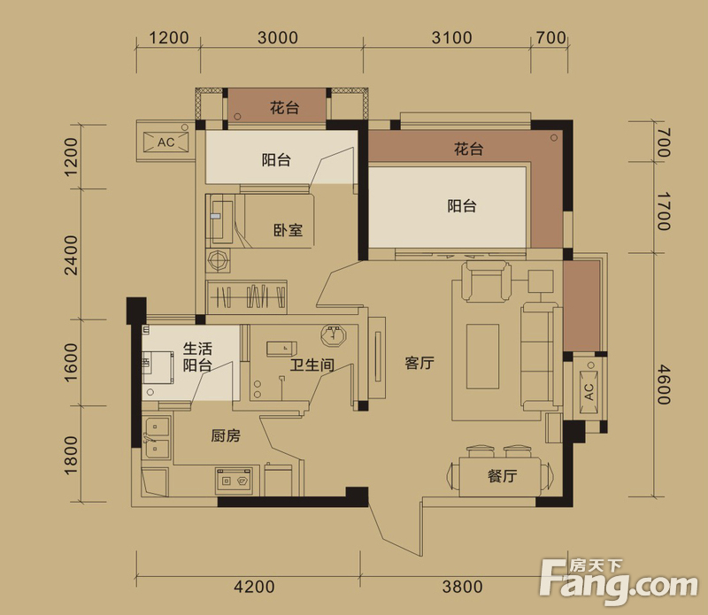 理想028二期1、5、6、9号楼标准层A1户型 2室2厅1卫1厨 52.84㎡