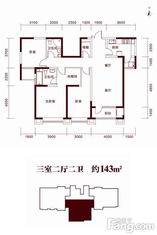 天安珑园一期高层标准层A户型 3室2厅2卫1厨 143.00㎡