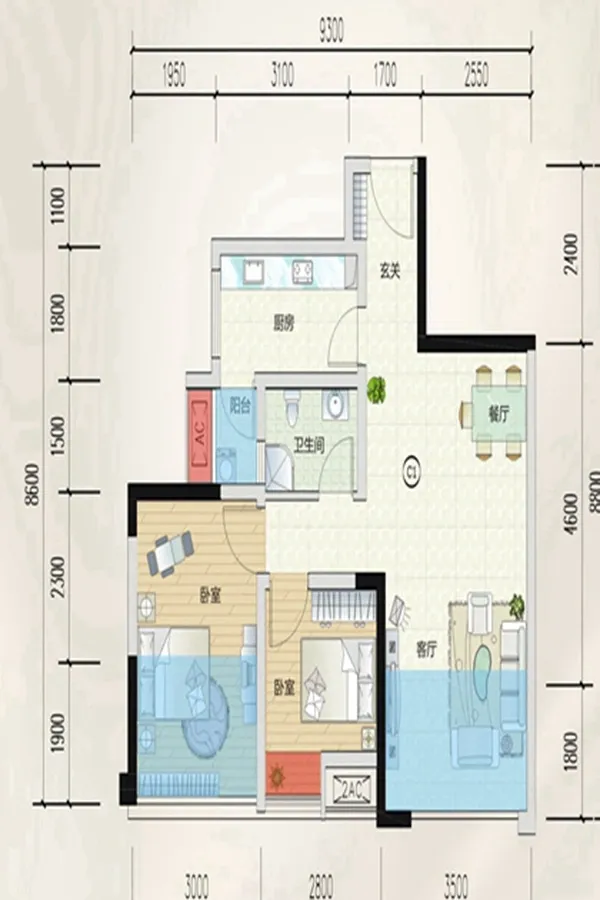 嘉通云玺1期7栋标准层C1户型&nbsp;2室2厅1卫1厨 68.21㎡