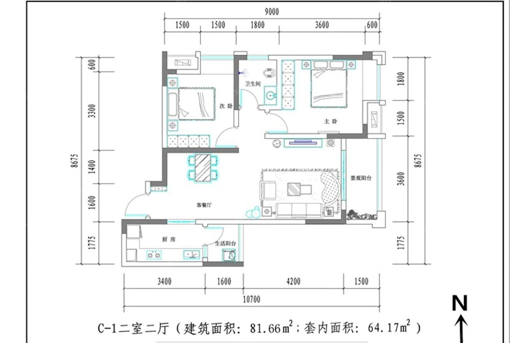 金凤苑四期4-6号楼标准层C-1户型 2室2厅1卫1厨 81.66㎡