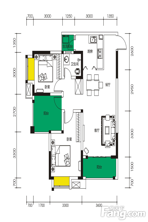 上城中央一期1-9幢标准层D1-2-7户型 2室2厅1卫1厨 87.28㎡