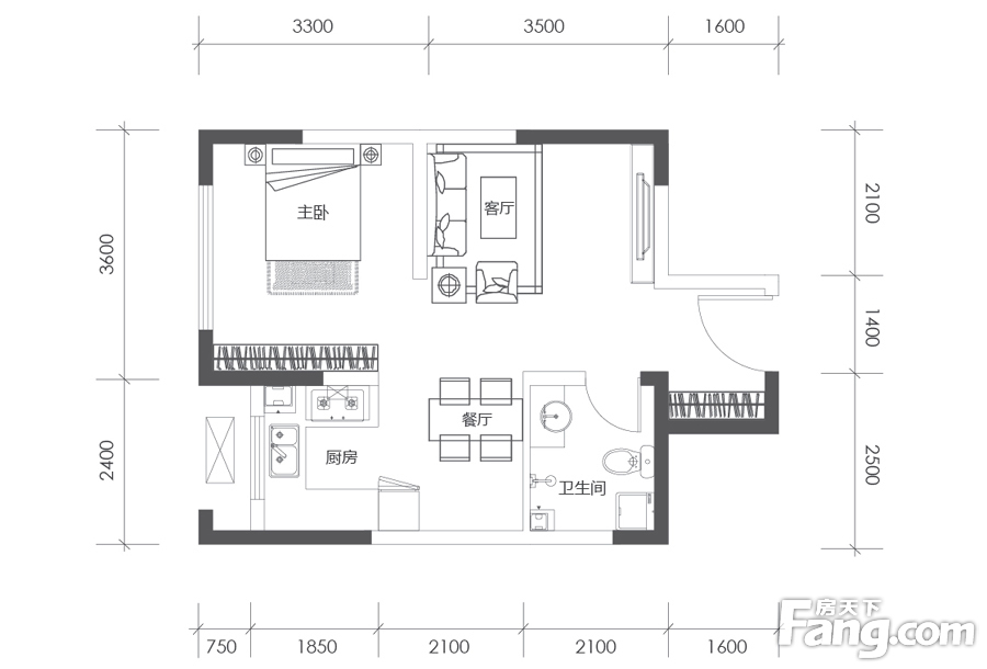 万炬智汇城一期国际公寓C区标准层B户型 1室2厅1卫1厨 59.00㎡