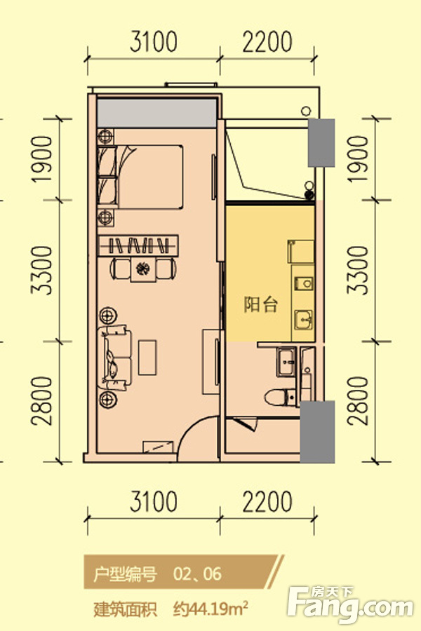 益丞艾迪公寓标准层02/06户型 1室1厅1卫1厨 44.19㎡