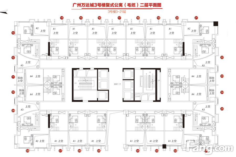 广州万达文化旅游城住宅3号楼复式 二楼平面图 1室1厅1卫1厨 0.00㎡