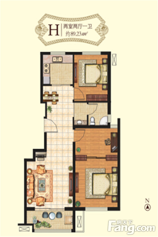香阁里拉花园h户型89.23㎡两室两厅一卫户型图