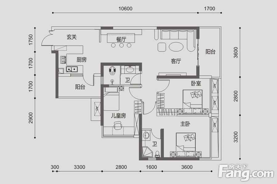 金源城·金源橙郡1#2#楼03户型 3室2厅2卫1厨 94.00㎡