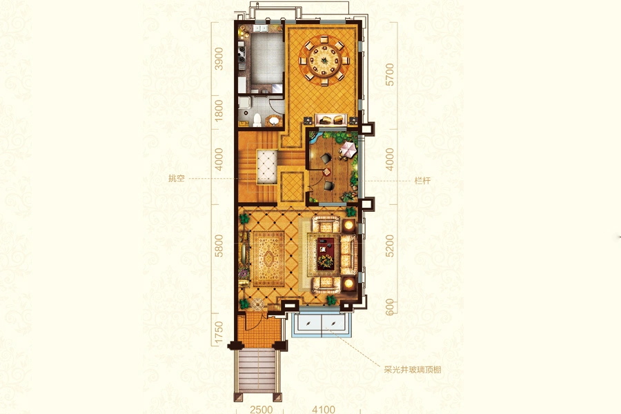 中海·华山珑城C地块六联排一层户型图 0室2厅0卫0厨 102.30㎡