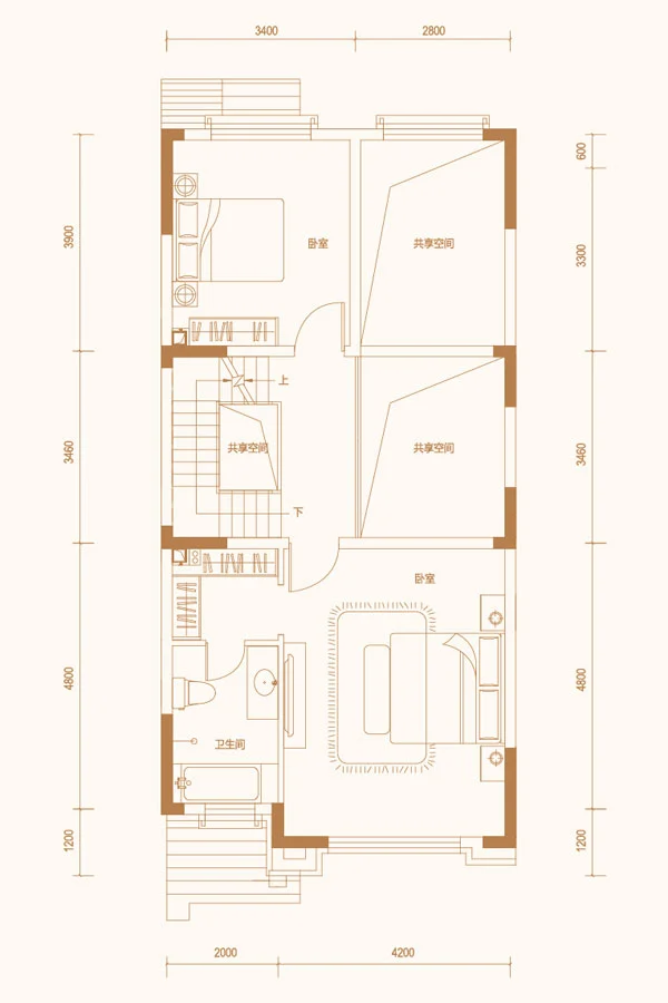 燕云小镇联排别墅二层中户户型 4室2厅3卫1厨 200.00㎡