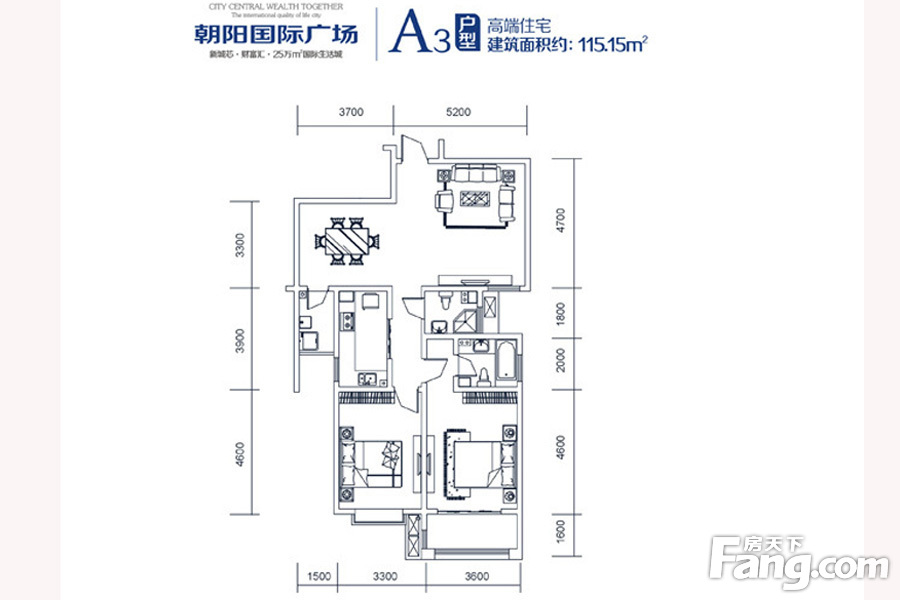 朝阳国际广场1号楼A3户型 2室2厅2卫1厨 115.00㎡
