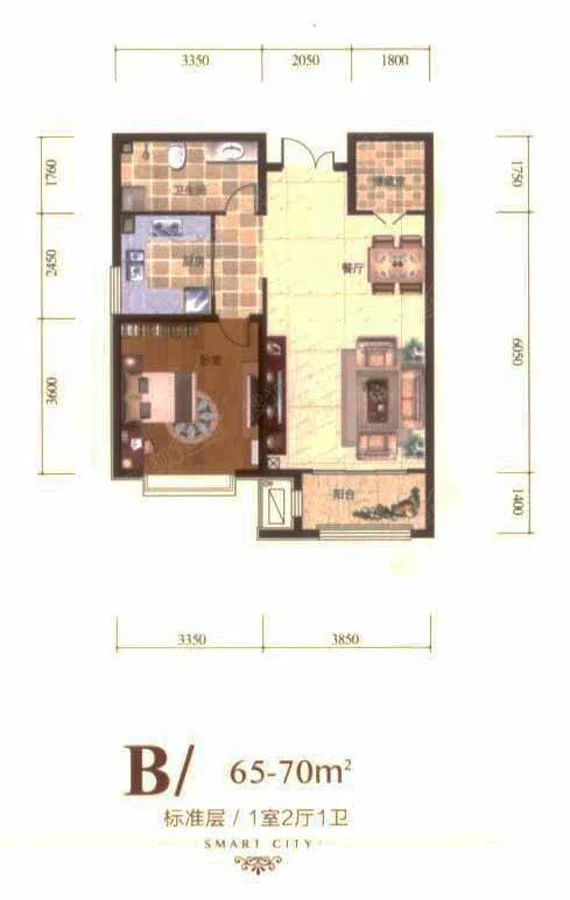 中浩智城一期高层标准层B户型 1室2厅1卫1厨 70.00㎡