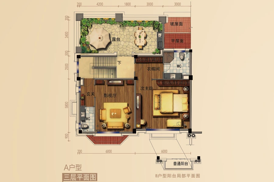 雷州碧桂园别墅b002t户型三层彩色平面图户型图