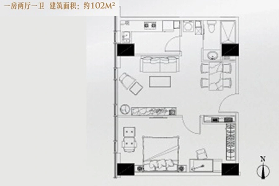 盛世滨江壹号公馆c户型 1室2厅1卫1厨102.00