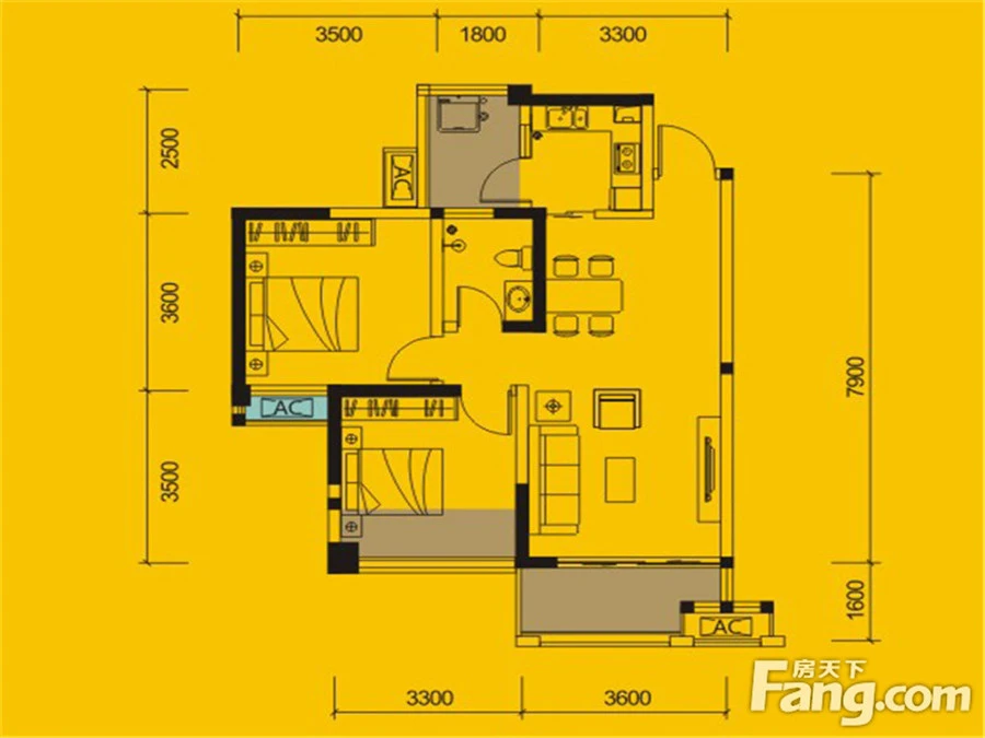 马克公馆二期标准层B1户型图 2室2厅1卫1厨 76.00㎡