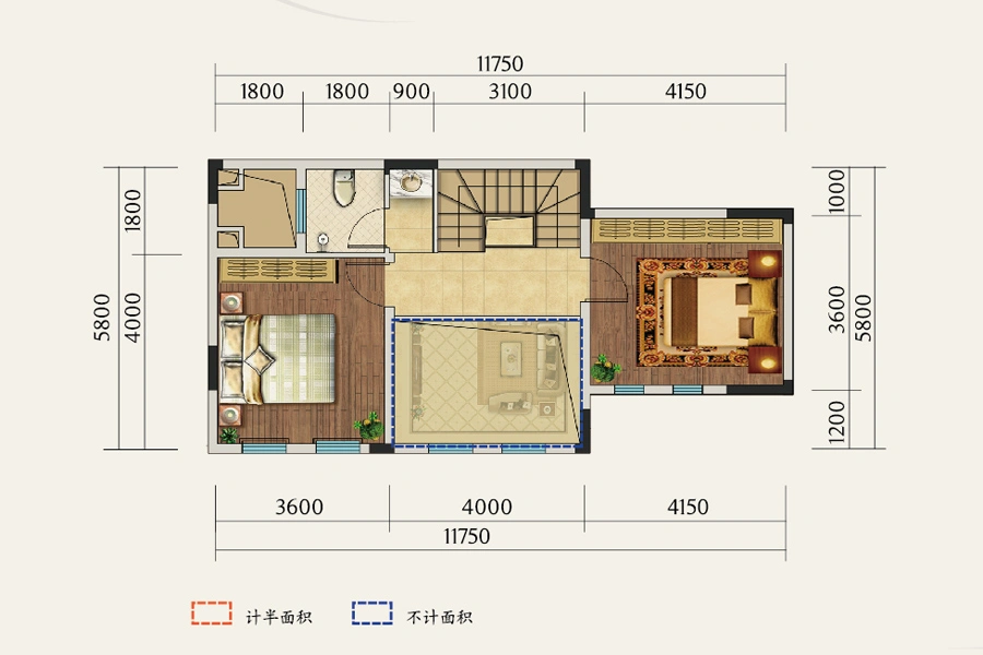 **城·中央公馆一期叠拼别墅10-17幢D3户型二层 3室2厅2卫1厨 91.58㎡