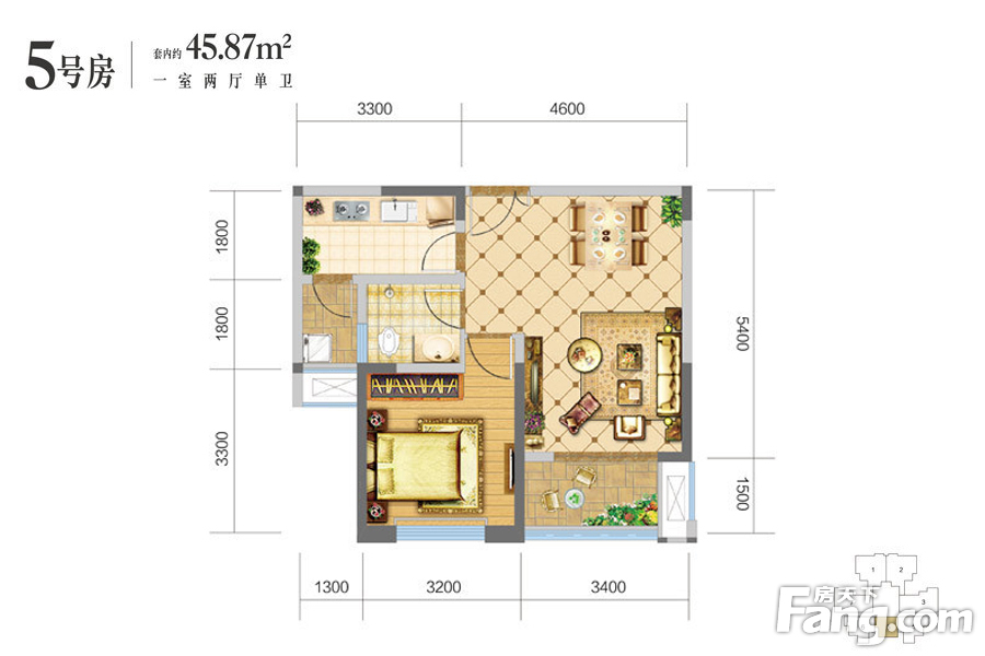 财信沙滨城市二期A13号楼标准层5号房户型 1室2厅1卫1厨 0.00㎡
