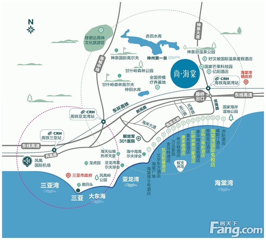 尚海棠交通状况 项目距离三亚市区28公里,公交23路,海棠湾1号专线