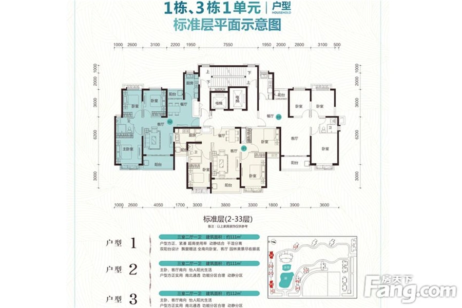 恒大绿洲1、3栋1单元标准层户型 3室2厅1卫1厨 111.00㎡