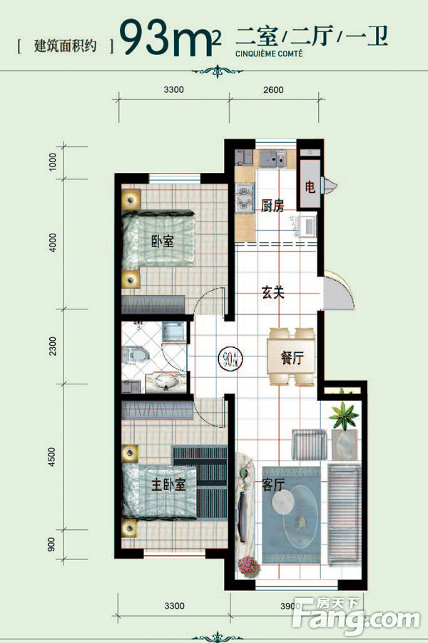 东城名苑6#户型图1 2室2厅1卫1厨 93.00㎡