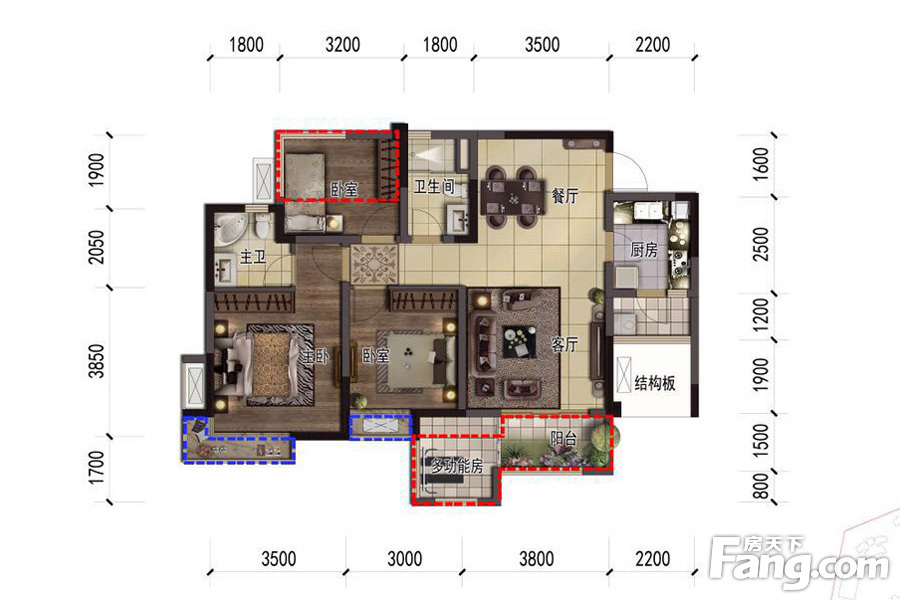 蓝光公园悦府10号楼标准层B户型 3室2厅2卫1厨 98.03㎡