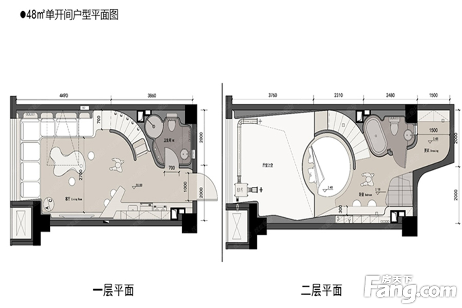 当代北辰moma village48平米单开间户型 1室1厅1卫1厨