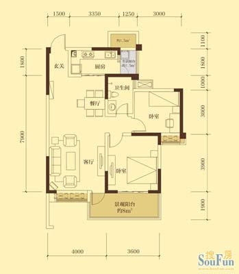 保利公园198 丁香郡电梯7号楼8号楼-1-02奇数层户型图 2室2厅1卫87.