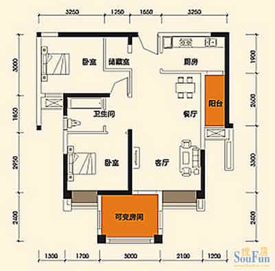 合能四季康城c3户型图 2室2厅1卫1厨87平米