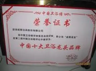 成霖高宝获中国十大卫浴龙头品牌荣誉证书