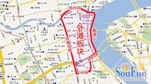 外滩:北:苏州河,南:延安东路-人民路,西:河南中路,东:黄浦江