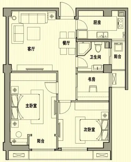 b户型-三室二厅一卫 约99平米
