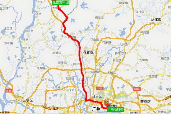 从广州石牌桥驾车经广清高速龙塘出口后经253省道到达北部万科城(清远