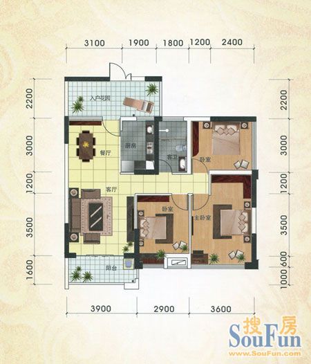 二期2 2-f-4户型 两房两厅两卫 双阳台 入户花园 建筑面积:101.25㎡