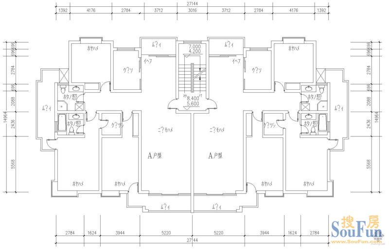 求户型图,一楼为门面房,二楼一梯两户(四套)户型图:15